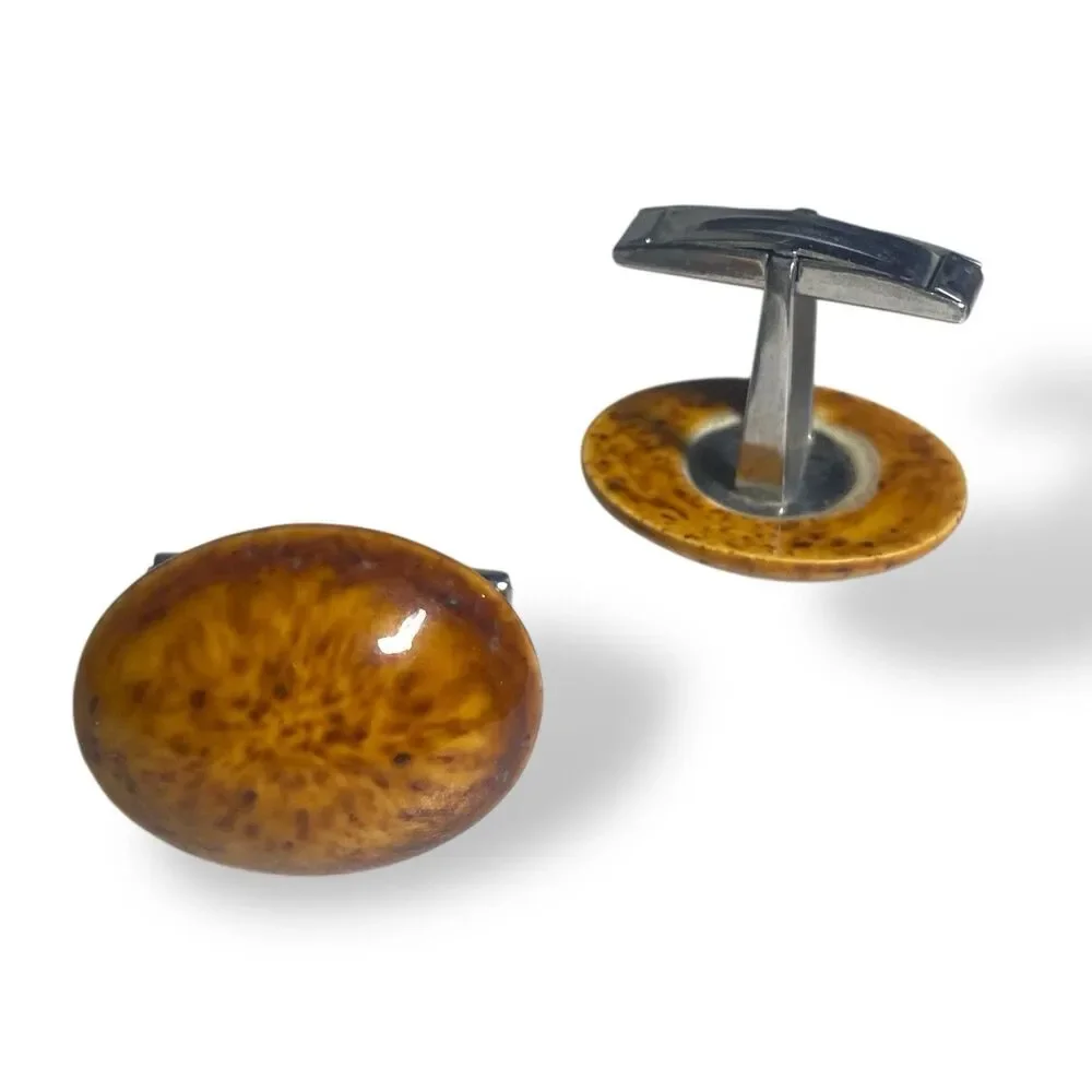 VTG Amber Brown Oval Cufflinks Silver tone Men Formal Wear Wedding Accessories